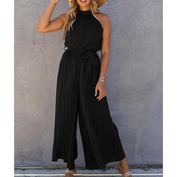 Azura Exchange Pleated Wide Leg Jumpsuit with Belt - Picture 1 of 4